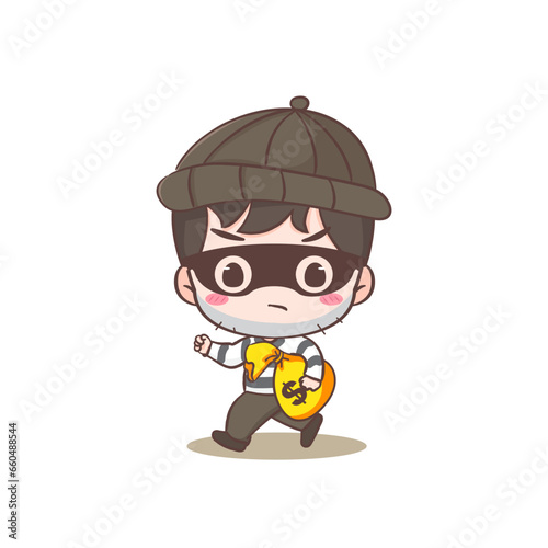 Cute thief stealing money cartoon character. Robber concept design isolated background. Adorable chibi vector art illustration.