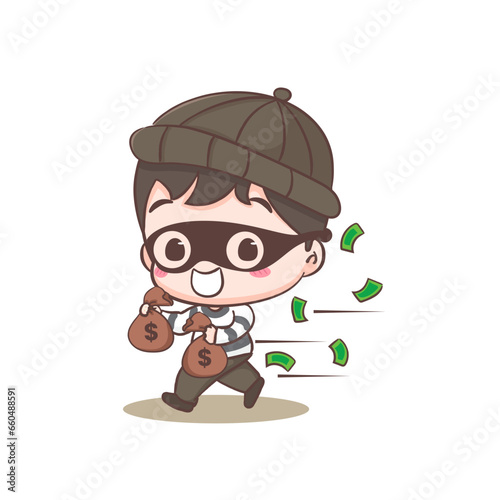 Cute thief stealing money cartoon character. Robber concept design isolated background. Adorable chibi vector art illustration.