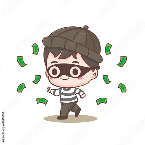 Cute thief stealing money cartoon character. Robber concept design isolated background. Adorable chibi vector art illustration.