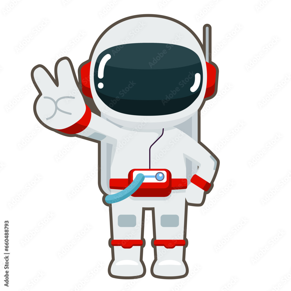 Cute Astronaut stands and victory hand on an isolated white background. Vector illustration cartoon flat design.