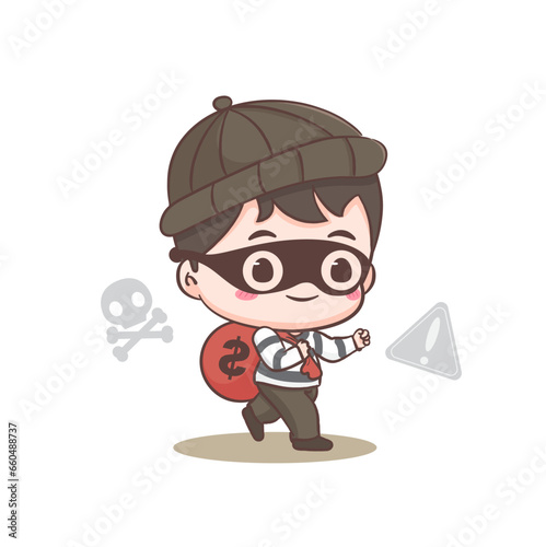 Cute thief stealing money cartoon character. Robber concept design isolated background. Adorable chibi vector art illustration.