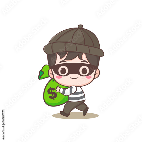 Cute thief stealing money cartoon character. Robber concept design isolated background. Adorable chibi vector art illustration.