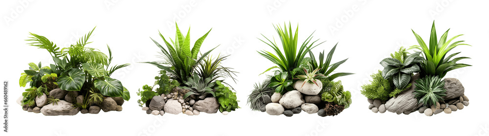 Collection of set Tropical bush with decorative stones, floral arrangement in garden's natural design isolated on transparent background. PNG file, cut out - obrazy, fototapety, plakaty 