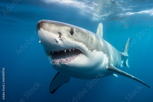 Close-up shot of a white shark in the clear blue ocean with its menacing mouth and teeth. A wild and dangerous creature that needs species protection. Generative AI