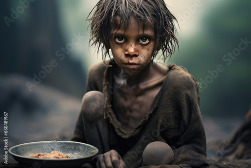 Hungry, starving, poor little child looking at the camera.