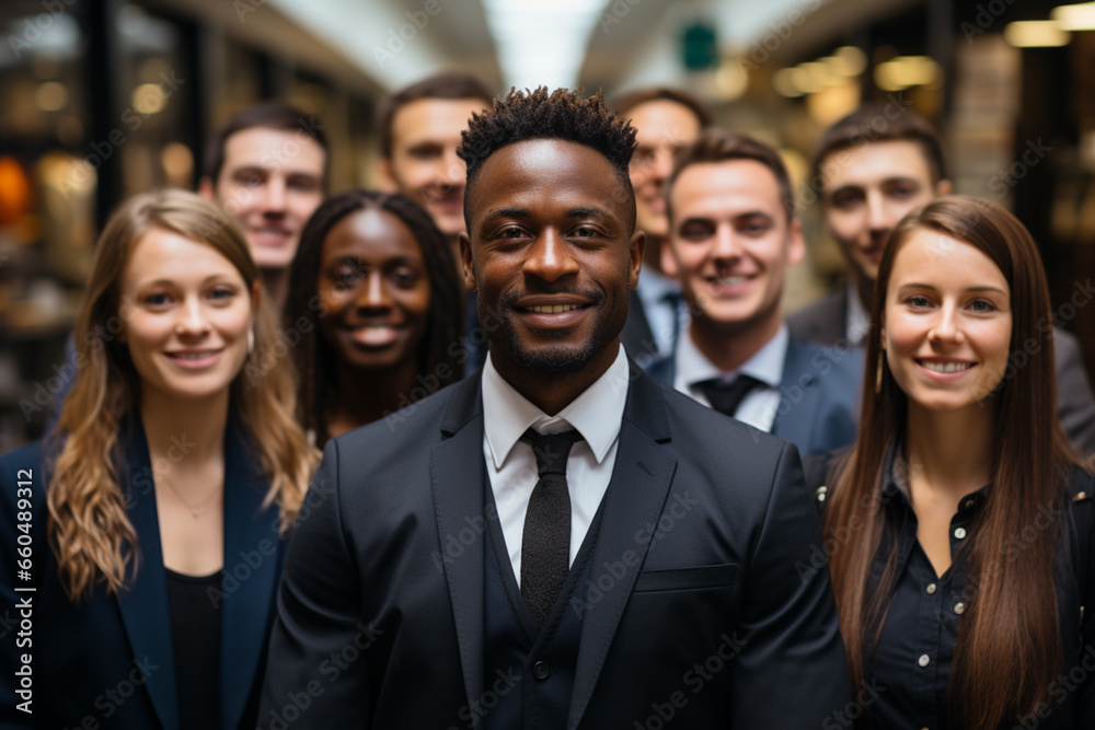 Group potrait of diverse coworkers with blurred office background Group potrait of diverse coworkers with blurred office background