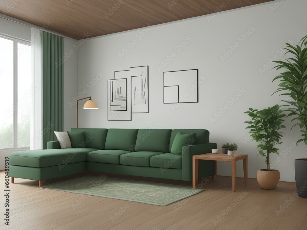 Fototapeta premium contemporary interior design for living room mock up with green couch.
