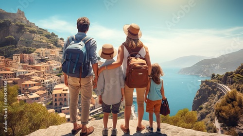 A family enjoys a day out, exploring a variety of intriguing and entertaining spots around the city, creating lasting memories together. Generative AI. photo