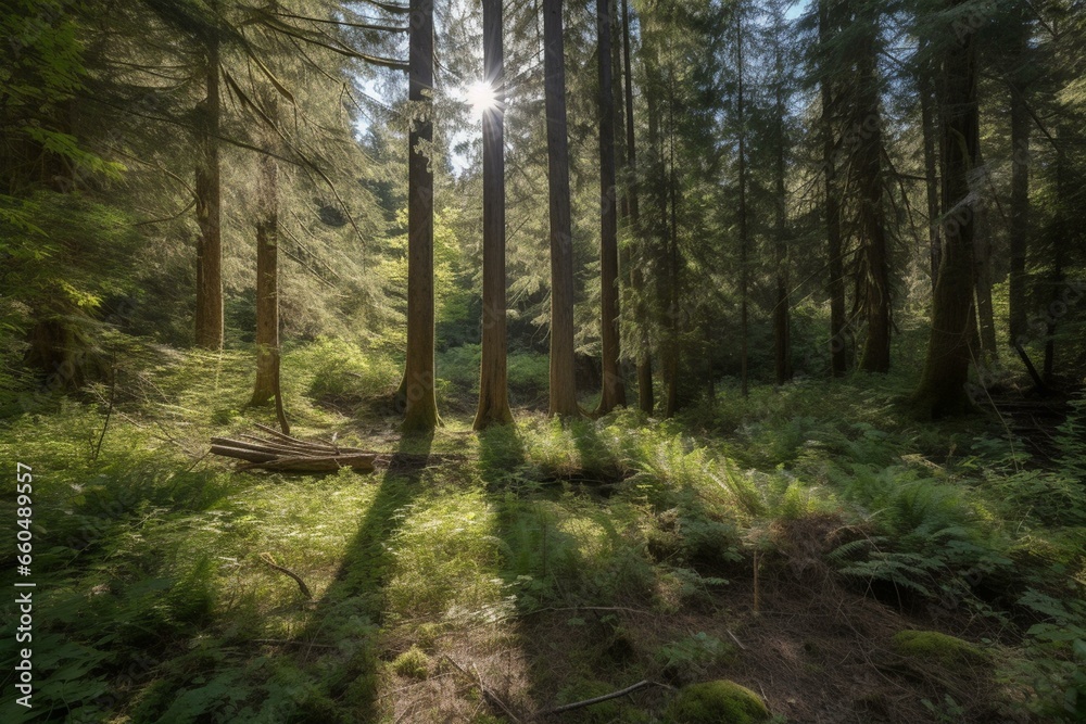 Enchanting woodland with towering evergreen trees. Generative AI