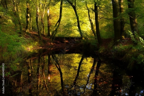 Strong woodland  gleaming vivid mirroring. Generative AI