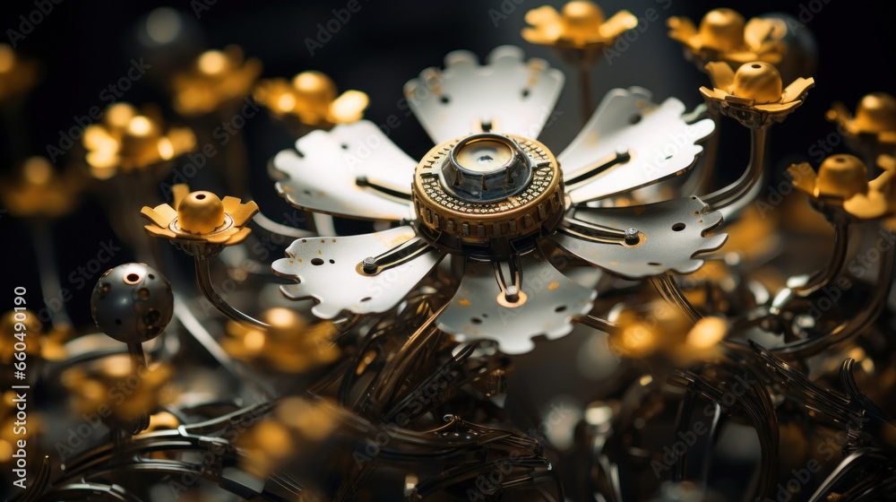 Silver and gold metal mechanical flower