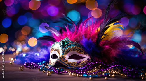 Carnival mask with colored feathers on a blurred background