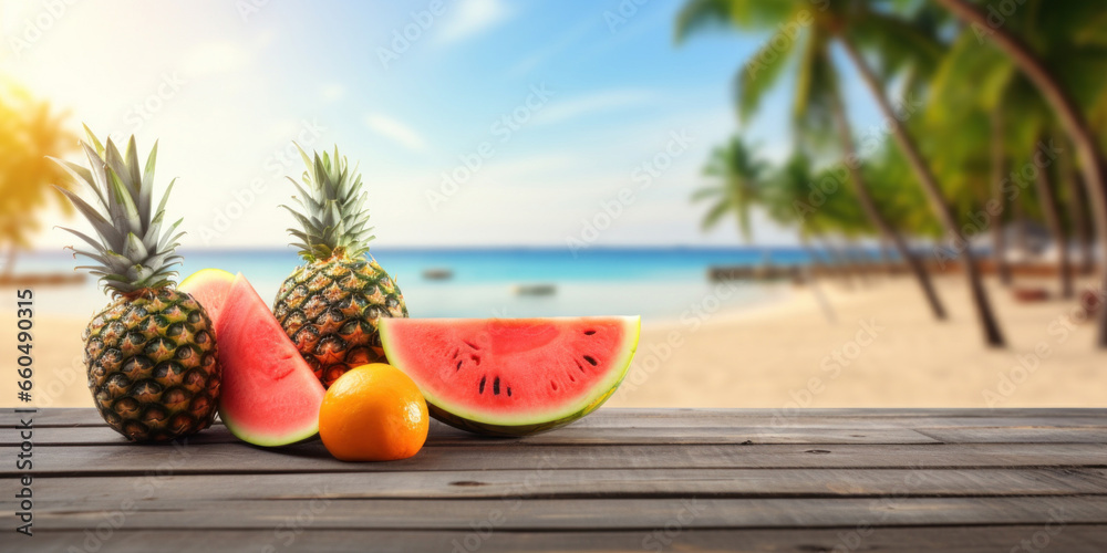 Wooden table with tropical fruits on a blurred beach background