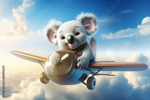Cute koala animal flying by plane in the sky 3d rendering © Salawati