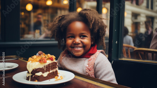 Happy girl in a street cafe with cake