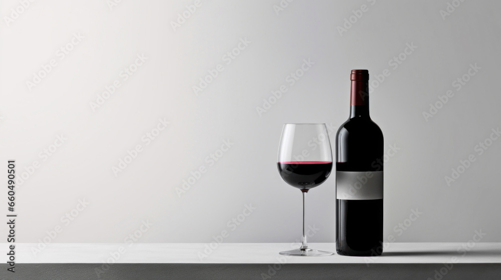 Red wine bottle with a glass on a simple gray empty background Red wine bottle with a glass on a simple gray empty background