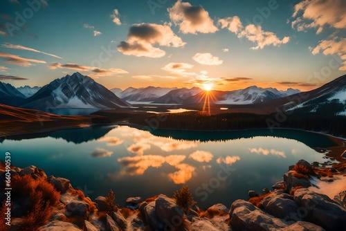 Generate an AI image of a breathtaking sunrise over a tranquil, crystal-clear lake from a high altitude