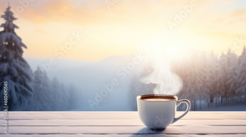 Hot coffee in a white mug on a white table against the backdrop of a snowy morning forest