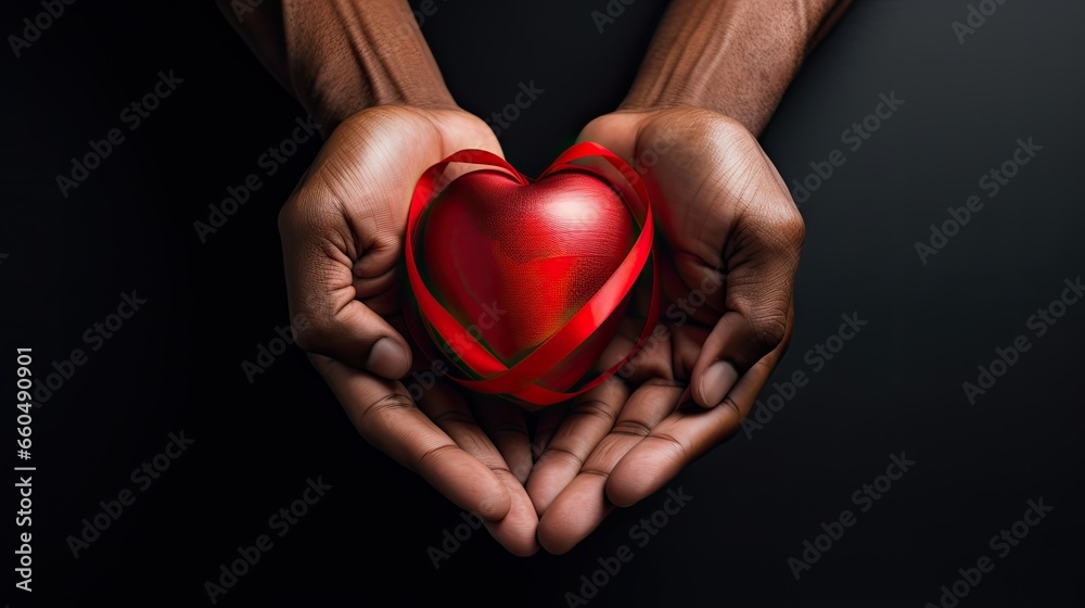 Human hands holding a red heart with a ribbon on a black background