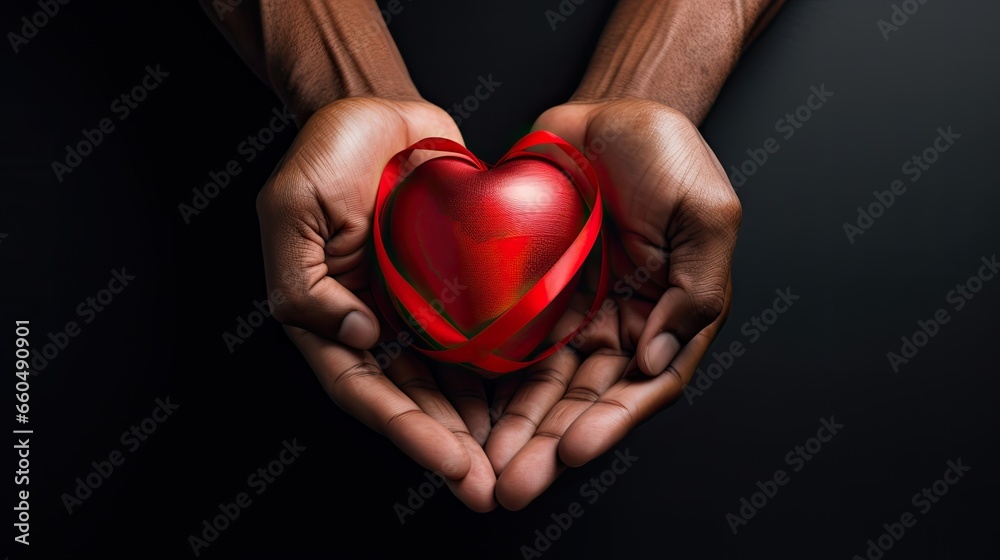 Human hands holding a red heart with a ribbon on a black background Human hands holding a red heart with a ribbon on a black background