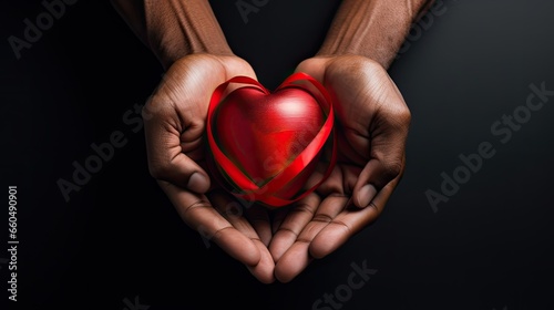 Human hands holding a red heart with a ribbon on a black background