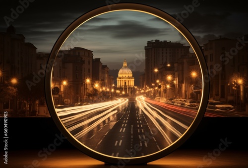 City car lights in motion through a rounded window with iconic Rome city building 