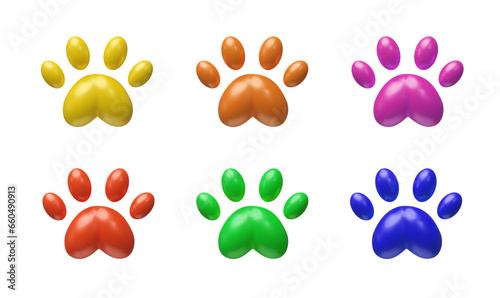 Set of 3d render pet paw. Animal pet foot of dogs, puppy. Cute veterinary symbol. Vector illustration in plasticine style. Collection in different colors of silhouettes, Footprint shape design