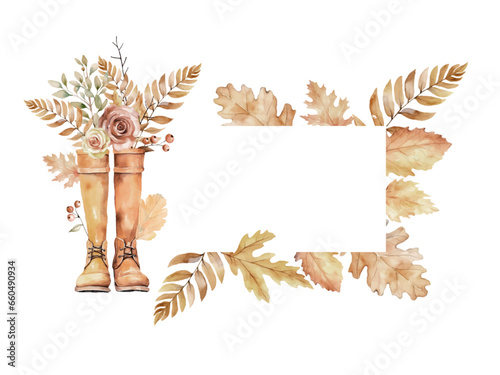 Watercolor vector hand painted nature autumn plants rectangular border frame with orange, red and yellow fall laves on branch, decorated boots with autumn leaves. Template with space for text.