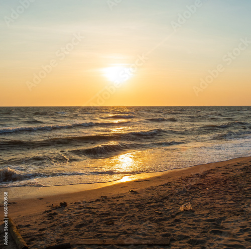 Landscape viewpoint vertical  summer sea wind wave cool holiday calm coastal sunset sky light orange golden evening day look calm Nature tropical Beautiful sea water travel Bangsaen Beach thailand