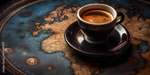 A cup of coffee on top of a map, a golden shadow