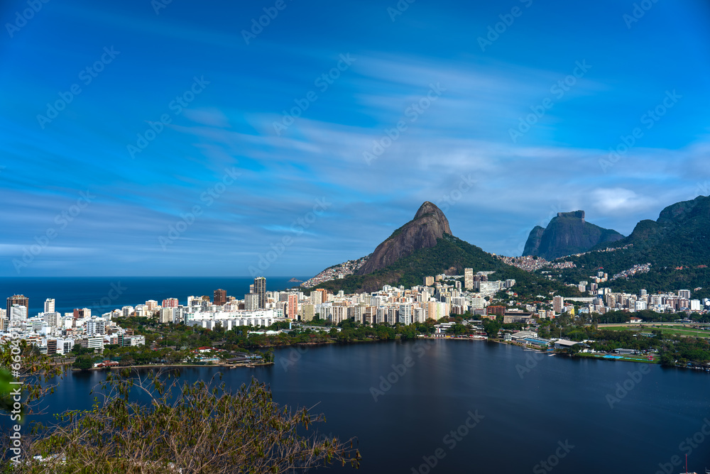 Night Exposure of Lagoa in Rio De Janeiro with Modern Buildings and Favelas