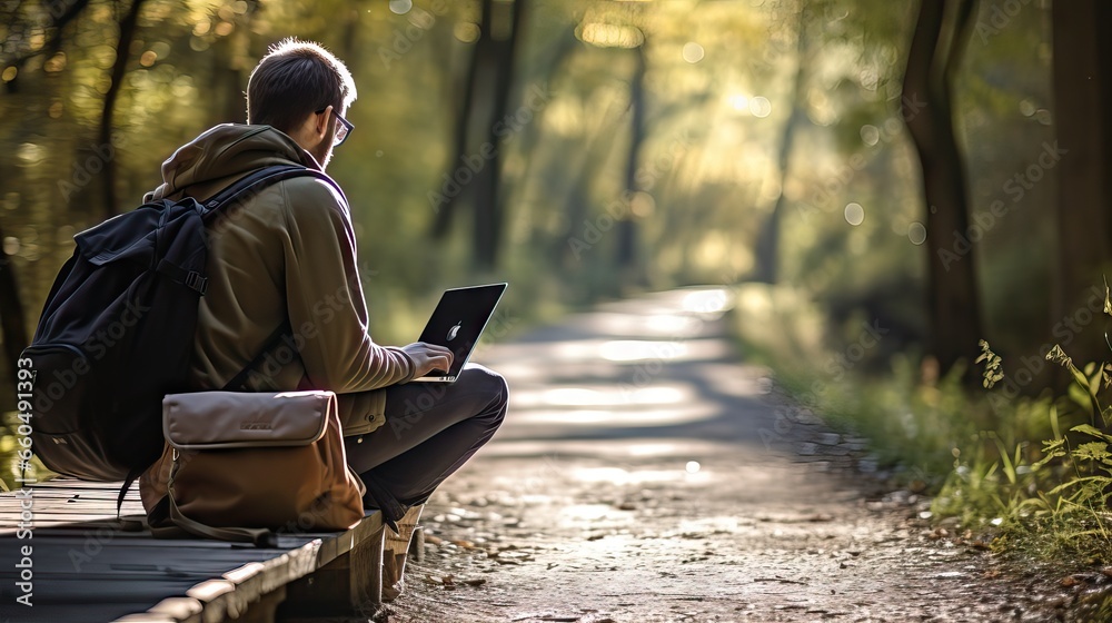 An individual engages in remote work amidst nature, seamlessly blending productivity with the tranquility of the outdoors on their laptop. Generative AI. An individual engages in remote work amidst nature, seamlessly blending productivity with the tranquility of the outdoors on their laptop. Generative AI.