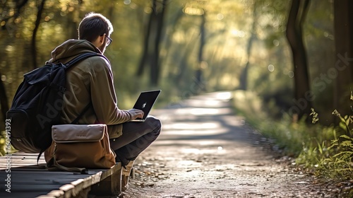 An individual engages in remote work amidst nature, seamlessly blending productivity with the tranquility of the outdoors on their laptop. Generative AI. photo