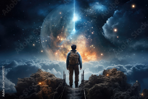 Boy with backpack exploring universe photo