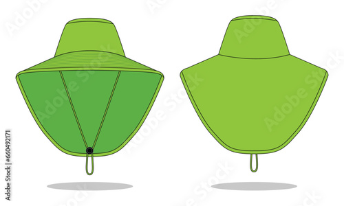 Green bucket hat with cover neck protection template on white background.Front and back view, vector file