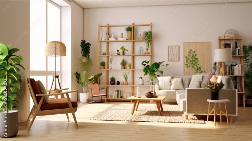 Stylish scandinavian living room with design furniture, plants, 1, Generative AI. Stylish scandinavian living room with design furniture, plants, 1, Generative AI.