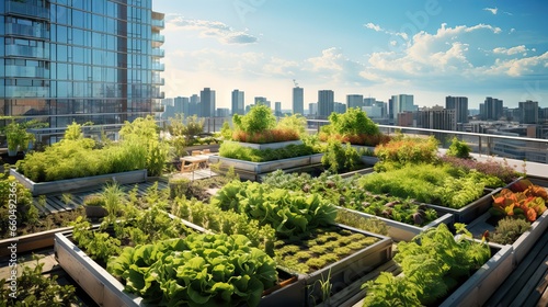 An urban garden on the rooftop of a building, for a sustainable lifestyle in modern times, Generative AI photo