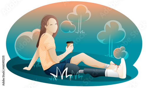 Disabled girl relaxing outdoor with coffee, tea. Girl with prosthetic leg. Vector flat illustration