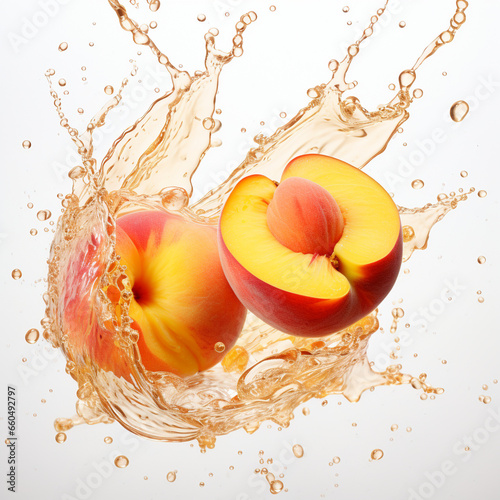 peaches in juice splash of fresh juice on white background ,Generative AI.