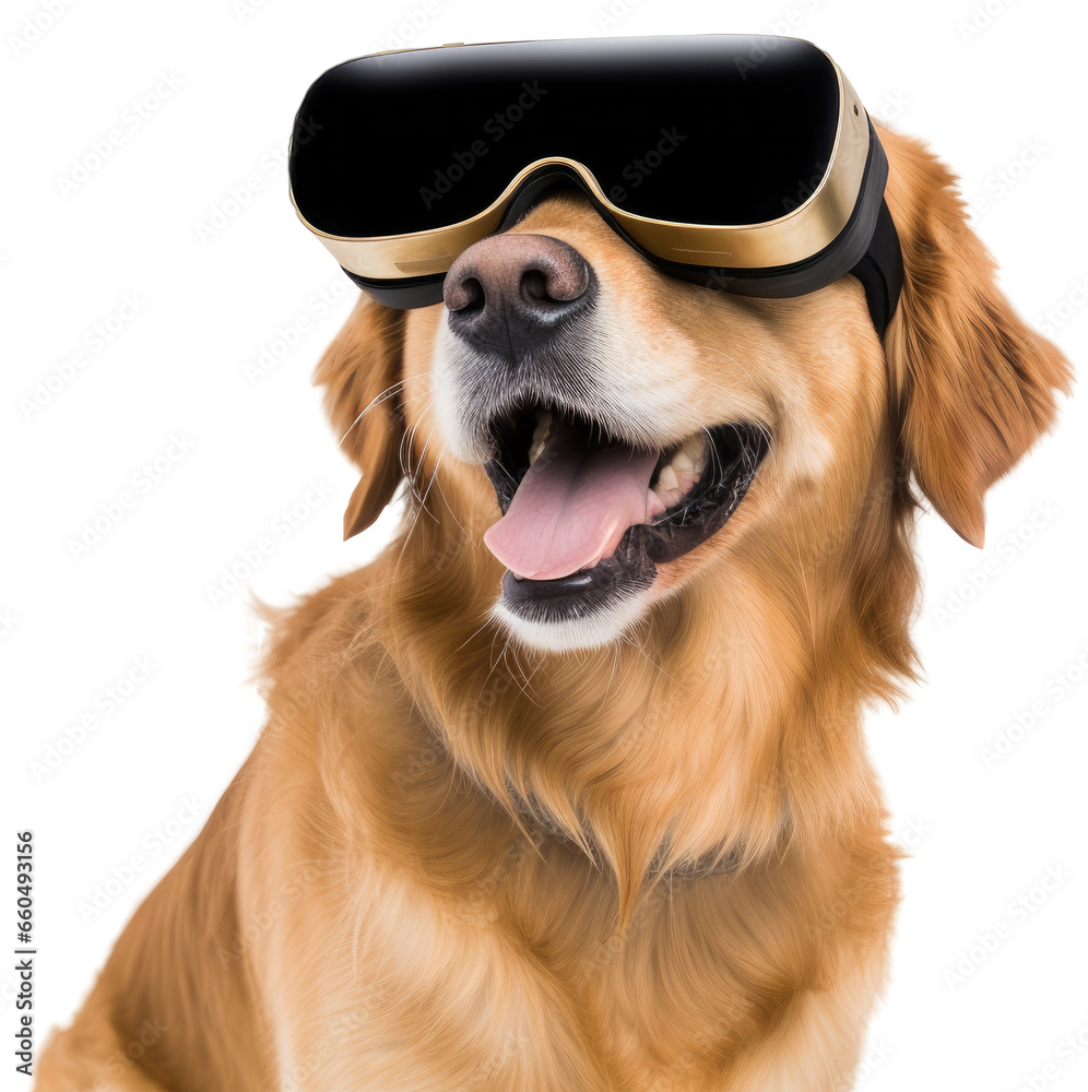 portrait of a golden retriever dog wearing VR glasses isolated on a white background as transparent PNG
