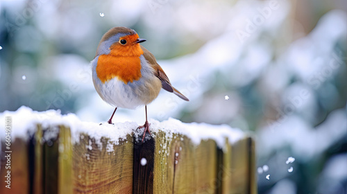 Vászonkép robin on a fence winter snow close up - by generative ai