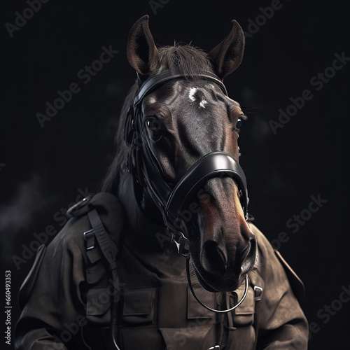 Portrait of a horse dressed in a tactical military outfit on a clean background. Wildlife Animals. Illustration, Generative AI.