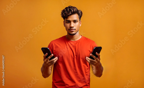 boy holding two cell phones on a yellow background