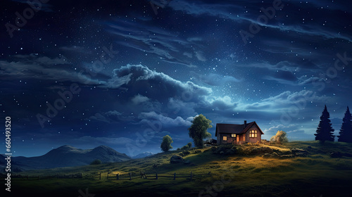 countryside landscape house on a hill night sky farm - by generative ai