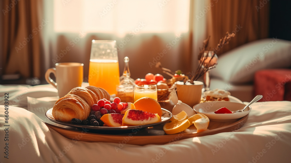 Breakfast on a bed in a hotel room 1, Generative AI.