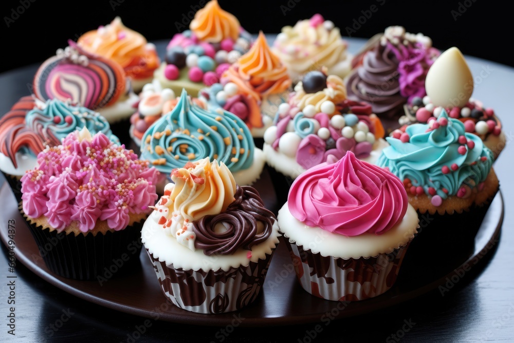 delicious colored cupcakes on the table on a black background delicious colored cupcakes on the table on a black background