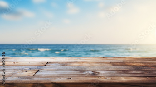 wooden pier on the sea, wooden and sea ocean background display - by generative ai