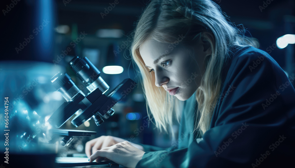 a young woman female scientist working with a microscope