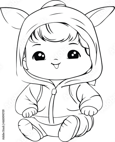 Cute little baby girl in warm winter clothes. Vector illustration.