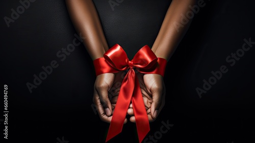Female hands with red ribbon and bow on black background, close up